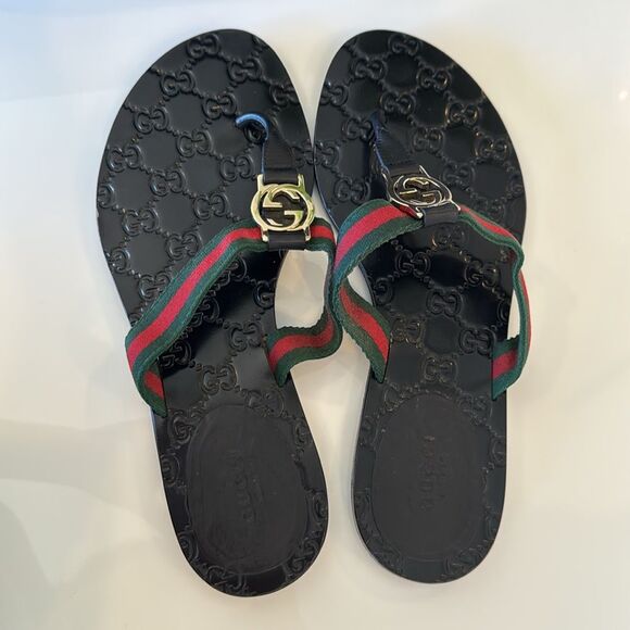 Gucci Interlocking GG Thong Sandals EU 39 US 9 Black Monogram Flat Flip Flop - Picture 4 of 7